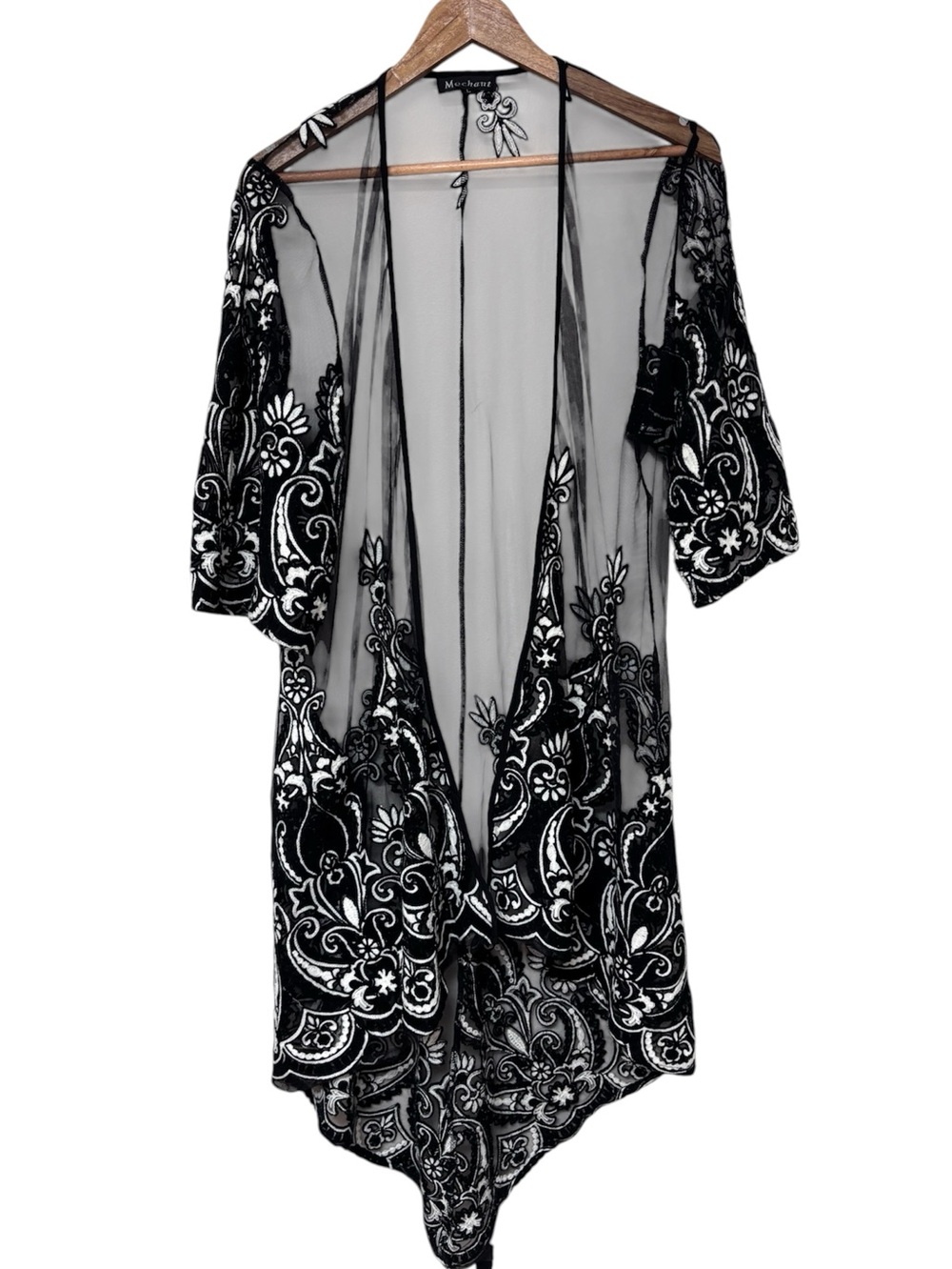 Mechant Black White Embroidered Mesh Kimono Duster Dark Fairy Romantic Goth L
